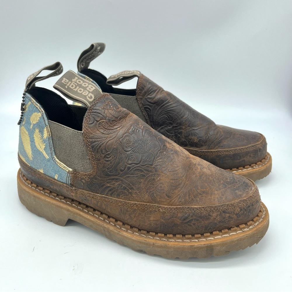 Georgia Boot Women's Brown Leather & Blue Denim Feather & Floral Romeo Shoe 8M